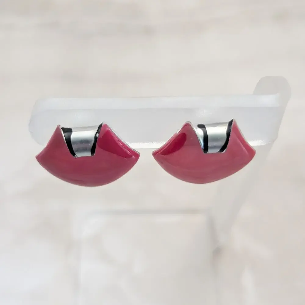 Vintage Clip On Earrings Very Unusual Red Enamel Curved Top - Some Marks